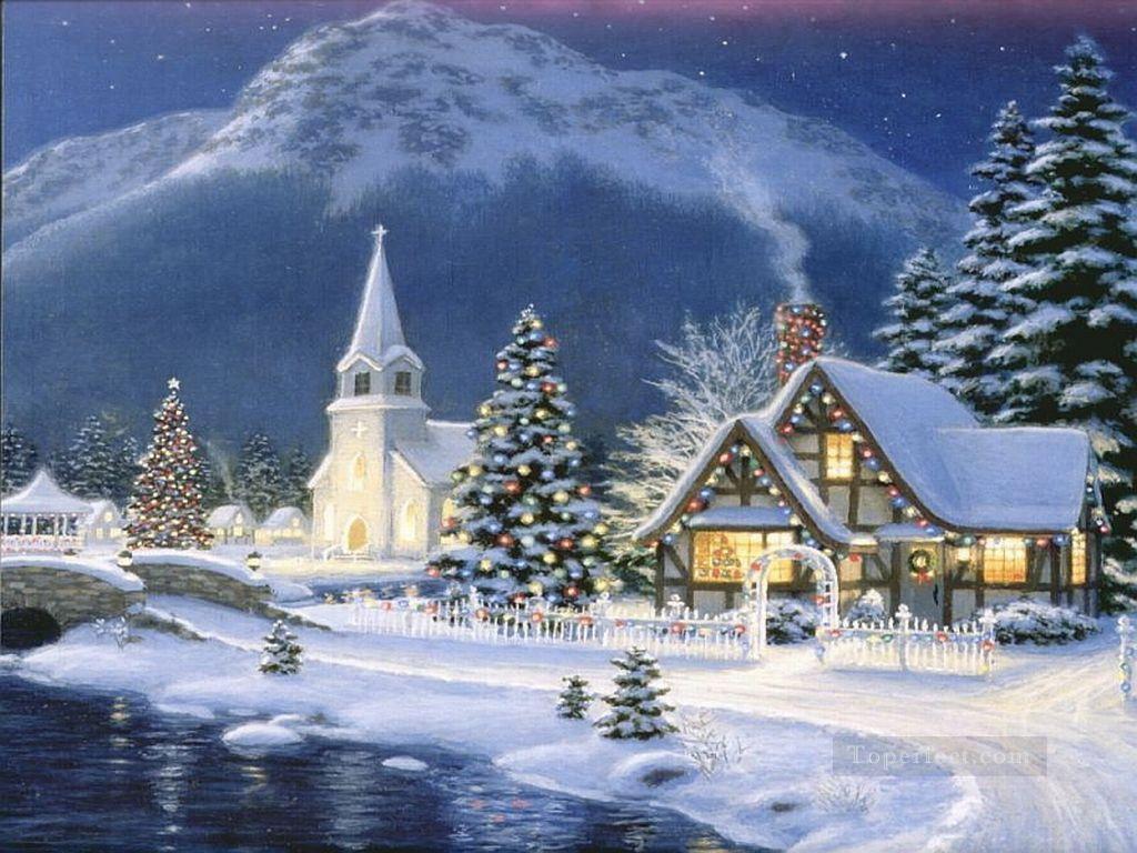 Village at Christmas eve snowing Oil Paintings